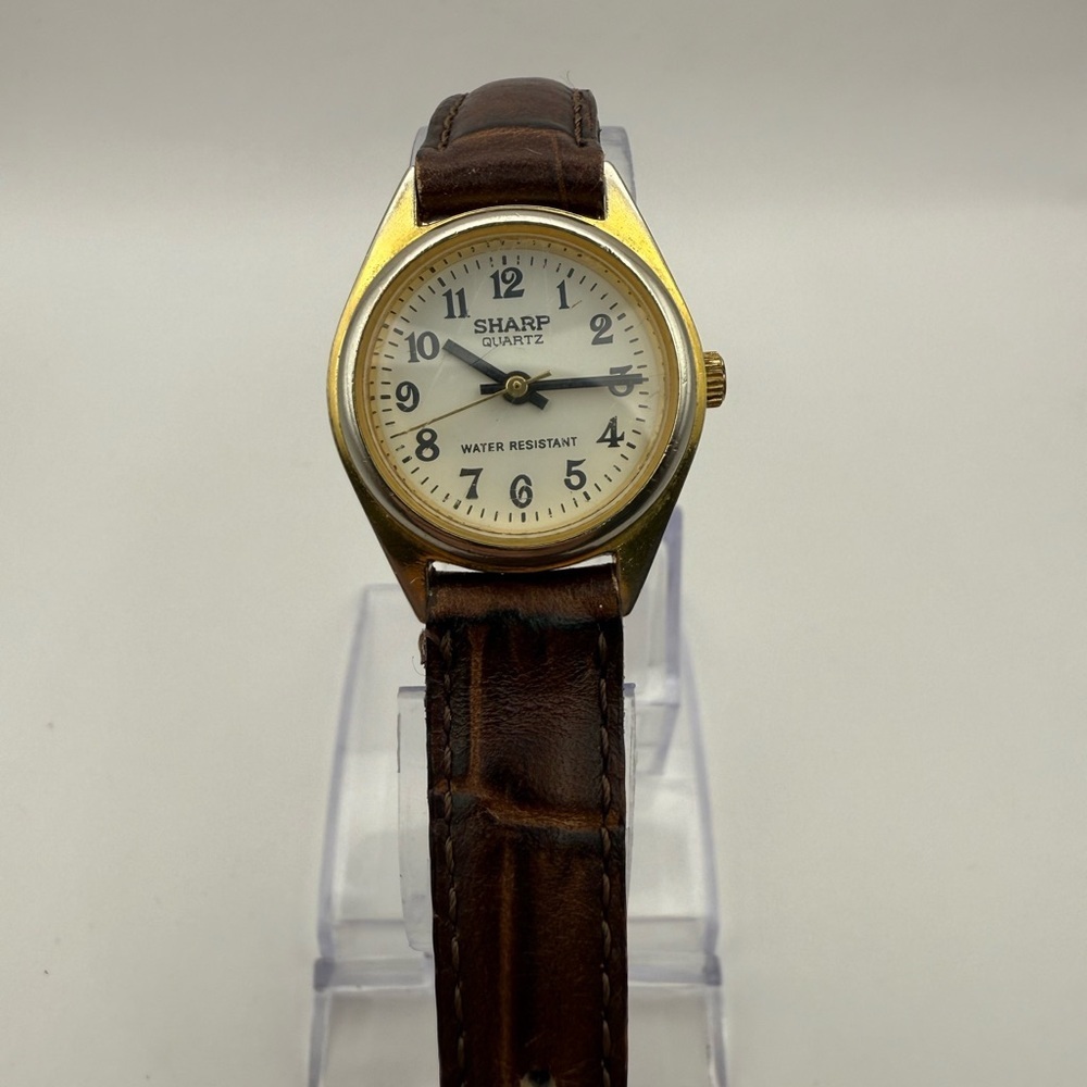 Sharp Quartz Women’s Watch Gold Bezel Brown Band (Needs Battery) White Face